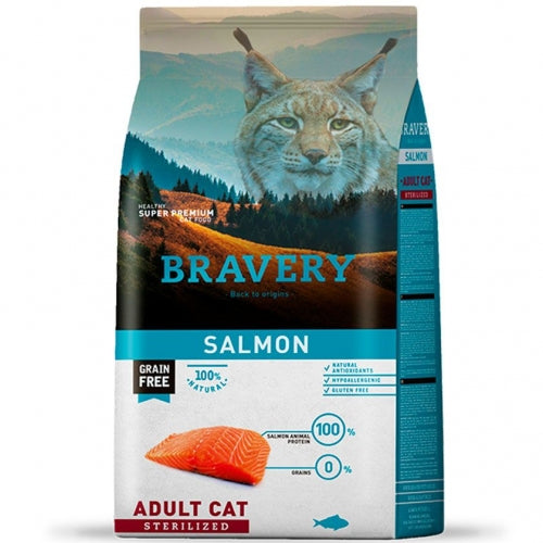 Detalle del alimento premium BRAVERY Salmon para gatos esterilizados