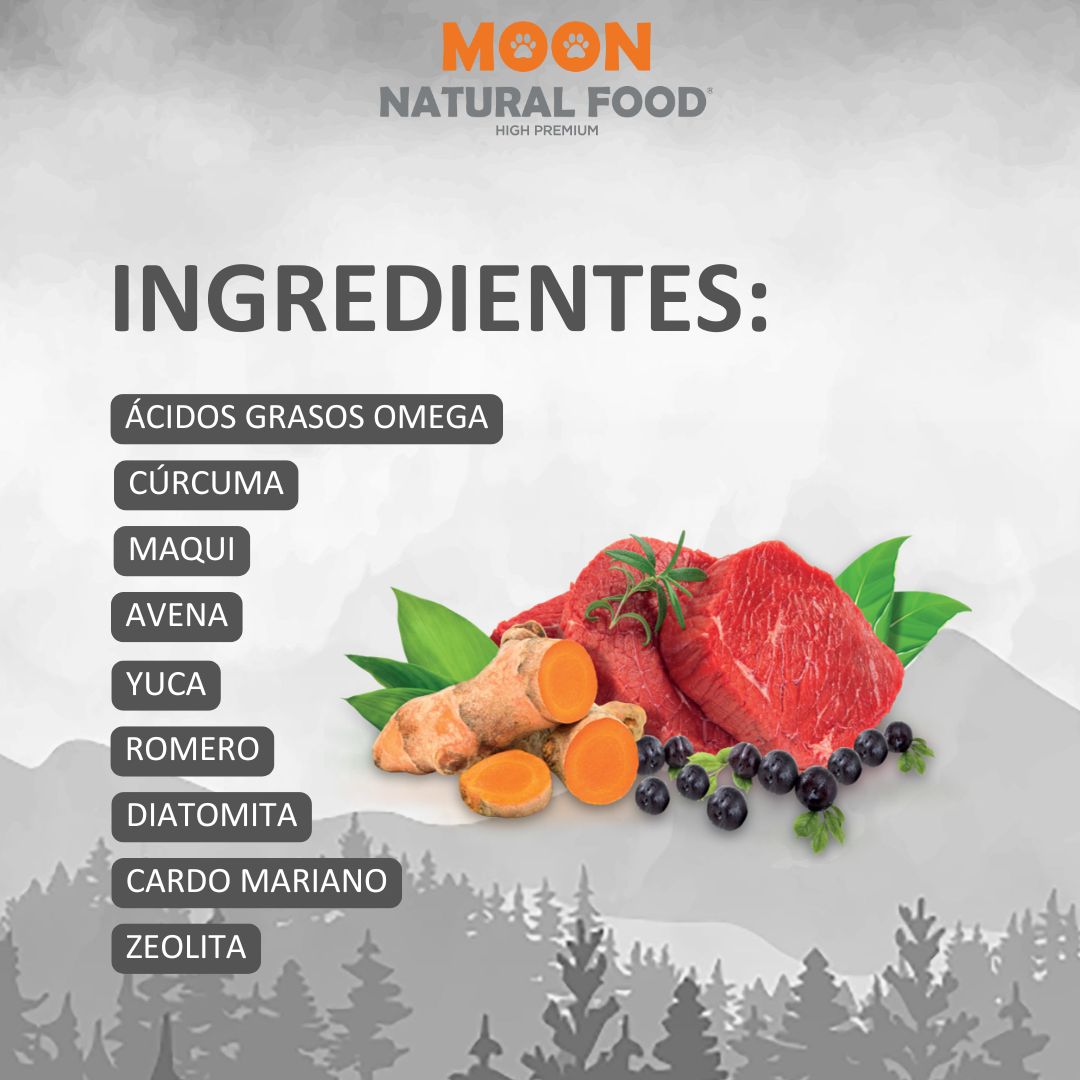 Ingredientes principales de MOON Adulto: carne fresca de vacuno, avena integral, maqui, cúrcuma y romero naturales.