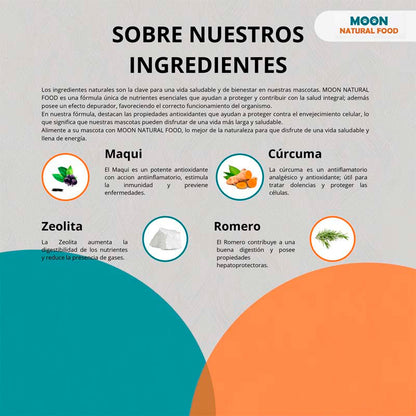 Ingredientes MOON Adulto: carne fresca de vacuno, avena integral, maqui, cúrcuma y romero naturales.