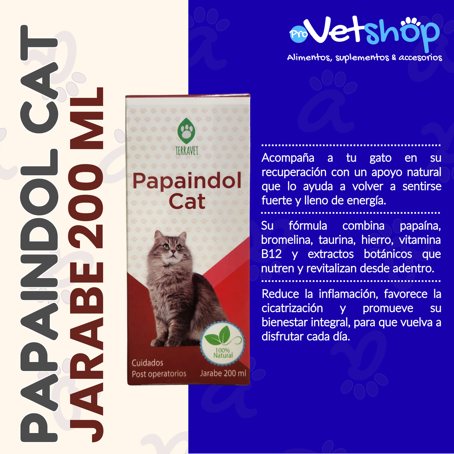 PAPAINDOL CAT JARABE: Recuperación Postoperatoria para Mascotas