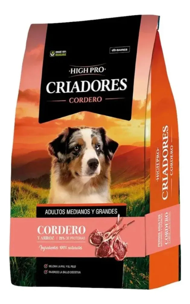 Saco de alimento Criadores High Pro Adulto sabor Cordero para perros.