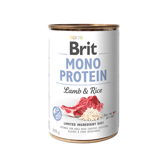 Lata de comida húmeda Brit Mono Protein de cordero y arroz