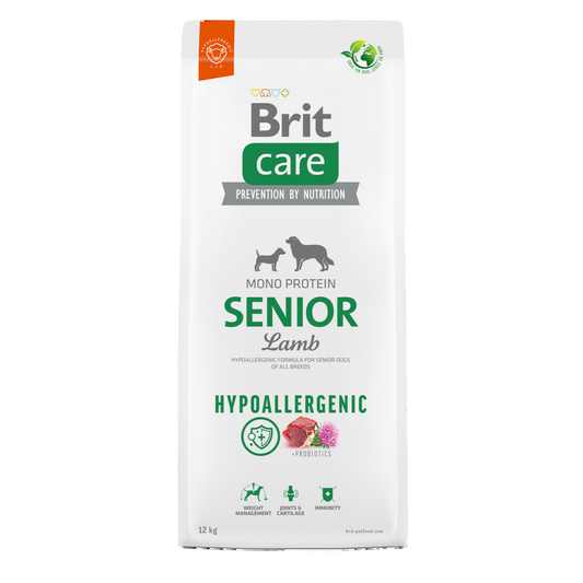 alimento hipoalergénico con cordero y arroz para perros mayores (+7 años). Fórmula que previene alergias, mejora la digestión y refuerza el sistema inmunitario con probióticos y antioxidantes.