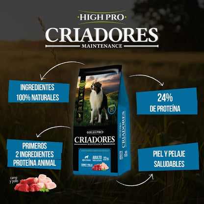 Bolsa de alimento para perros Criadores High Pro de 22 kg formato adulto.