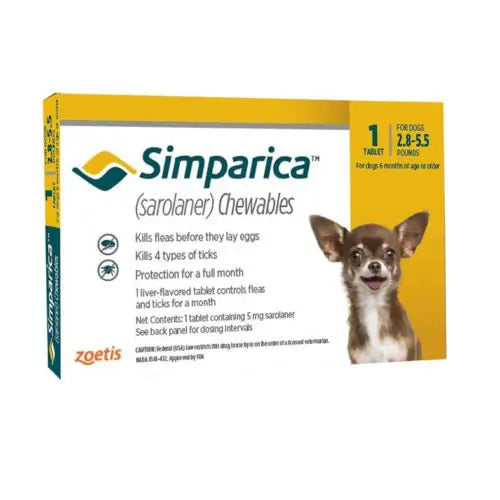 Caja frontal de Simparica 1 comprimido para perros pequeños de 1.3 a 2.5 kg